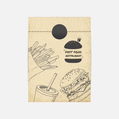 Kraft kağıt paket servisi olan restoran çanta mockup vektör. Kabataslak illüstrasyon lokanta ile. Marka şablonu