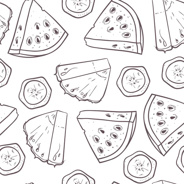 Hand drawn outline seamless pattern with pineapple banana and watermelon slices. Fruit background — Stok Vektör