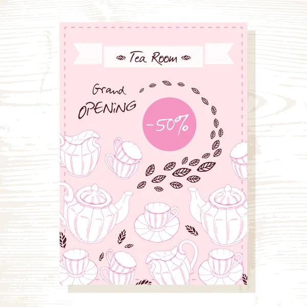 Tea room sale flyer template with tea service in vector. Hand drawn illustration — Stockový vektor