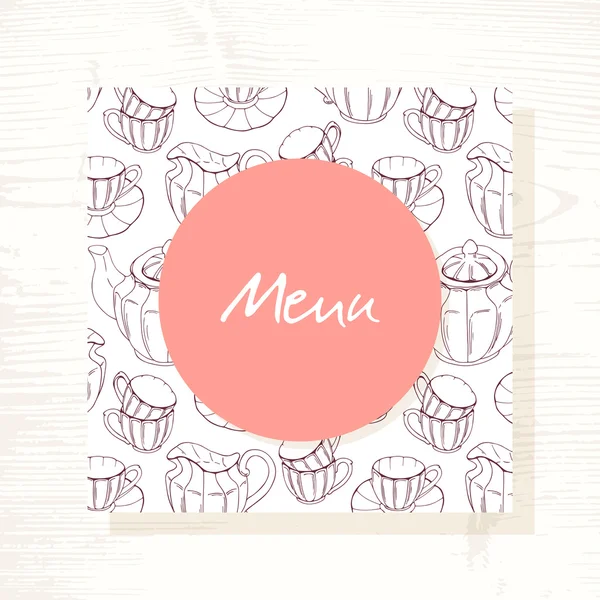Tea room menu template with tea service in vector. Hand drawn illustration — Stock Vector
