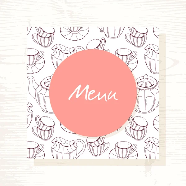 Modèle de menu de salon de thé avec service de thé en vecteur. Illustration dessinée main — Image vectorielle