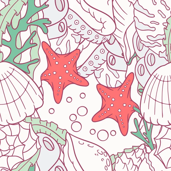 Doodle sea seamless pattern with starfish and shells — Stockový vektor