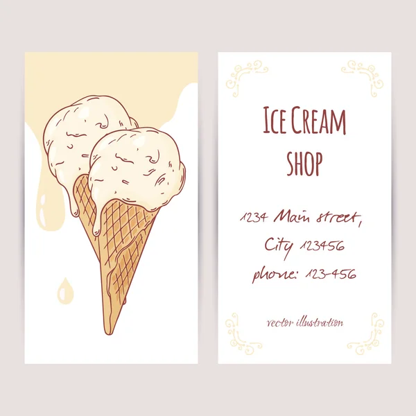 Business card template with hand drawn ice cream in a waffle cone and drops — Stockový vektor