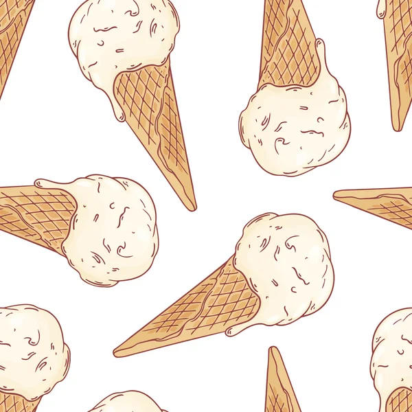 Doodle ice cream in a waffle cone seamless pattern. Vector illustration — Stock Vector