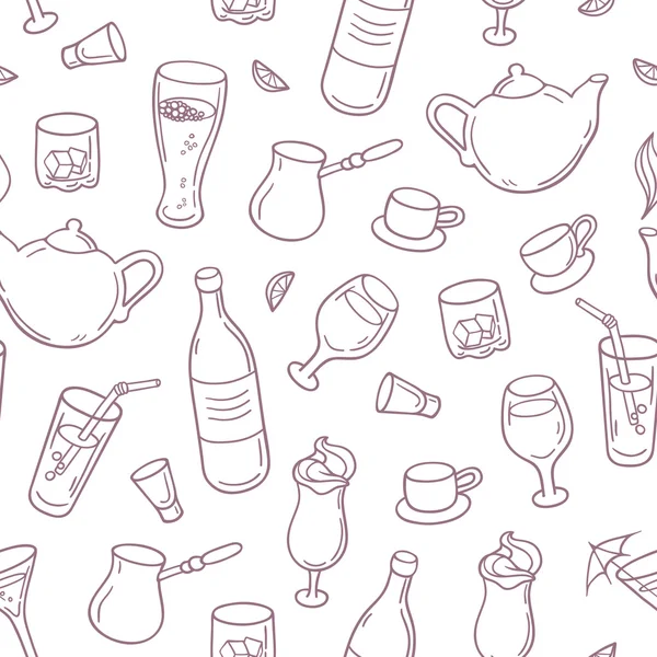 Patrón sin costura con las bebidas de estilo de esquema en el vector. Fondo de bebidas para diseño de bar, menú o cafetería — Vector de stock