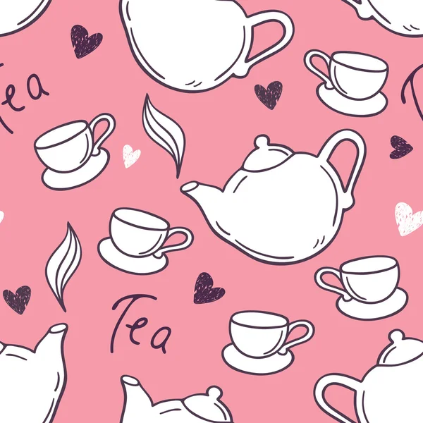 Nahtloses Muster mit handgezogener Teetasse und Teekanne. Doodle-Hintergrund — Stockvektor