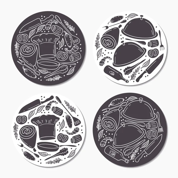 Round stickers set with doodle food patterns. Hand drawn emblem template — Stock Vector