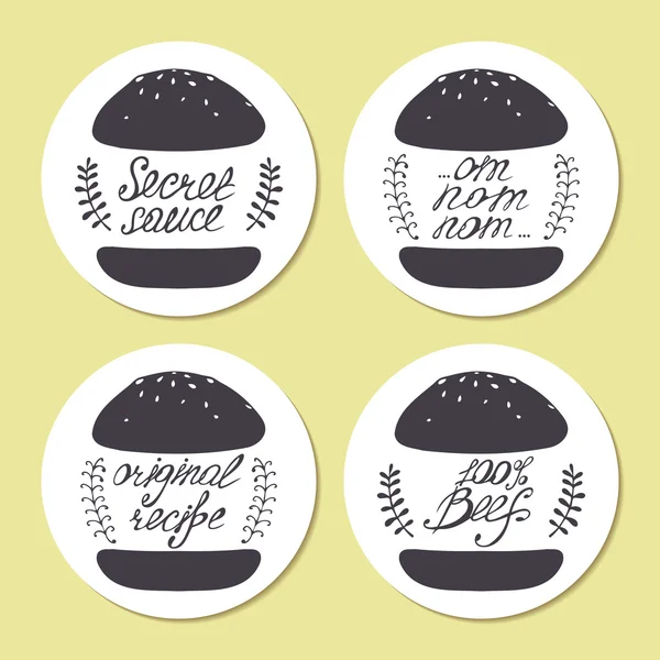 Stickers with freehand drawn burgers and hand lettering in vector. Stylized fast food illustration — Stock Vector