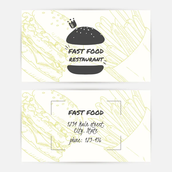 Set di biglietti da visita con fast food disegnato a mano e posto per testo. Burger logo — Vettoriale Stock