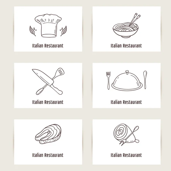 Επαγγελματικές κάρτες που με στυλ διάρθωσης doodle τροφίμων. Πρότυπο για το εστιατόριο ή καφετέρια — Διανυσματικό Αρχείο
