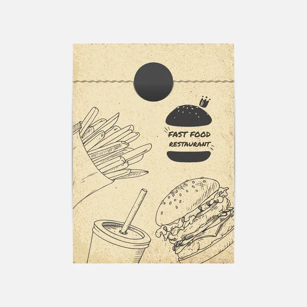 Mockup sacchetto da asporto carta Kraft in vettore. Illustrazione schizzata con fast food. Modello di branding — Vettoriale Stock