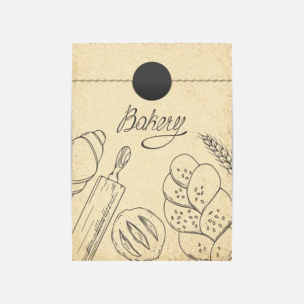 Kraft paper takeaway bag mockup in vector. Sketched illustration with baking — Stock Vector