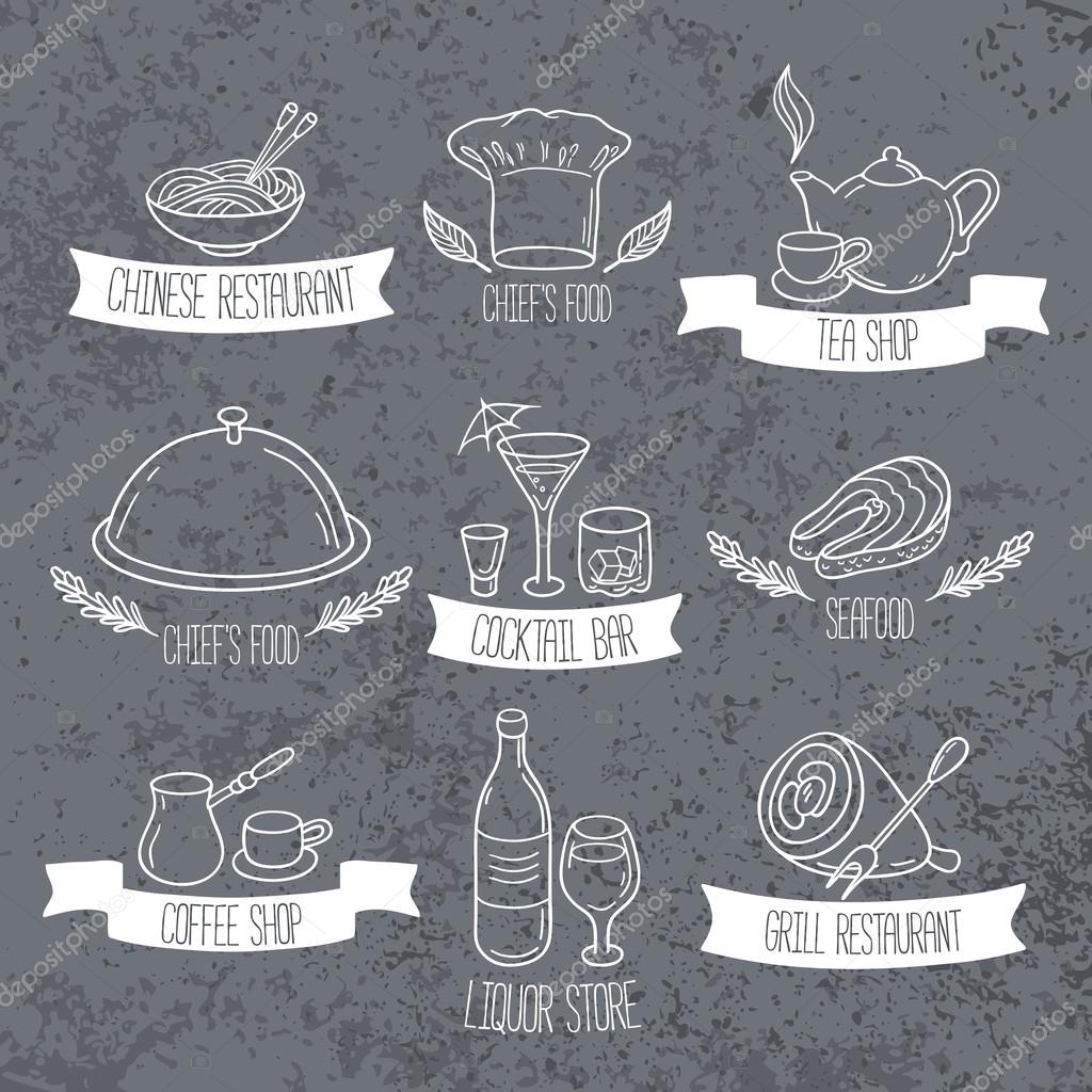 Hand drawn food and drinks labels for menu or cafe design. Doodle restaurant emblems on grunge background. Vector illustration