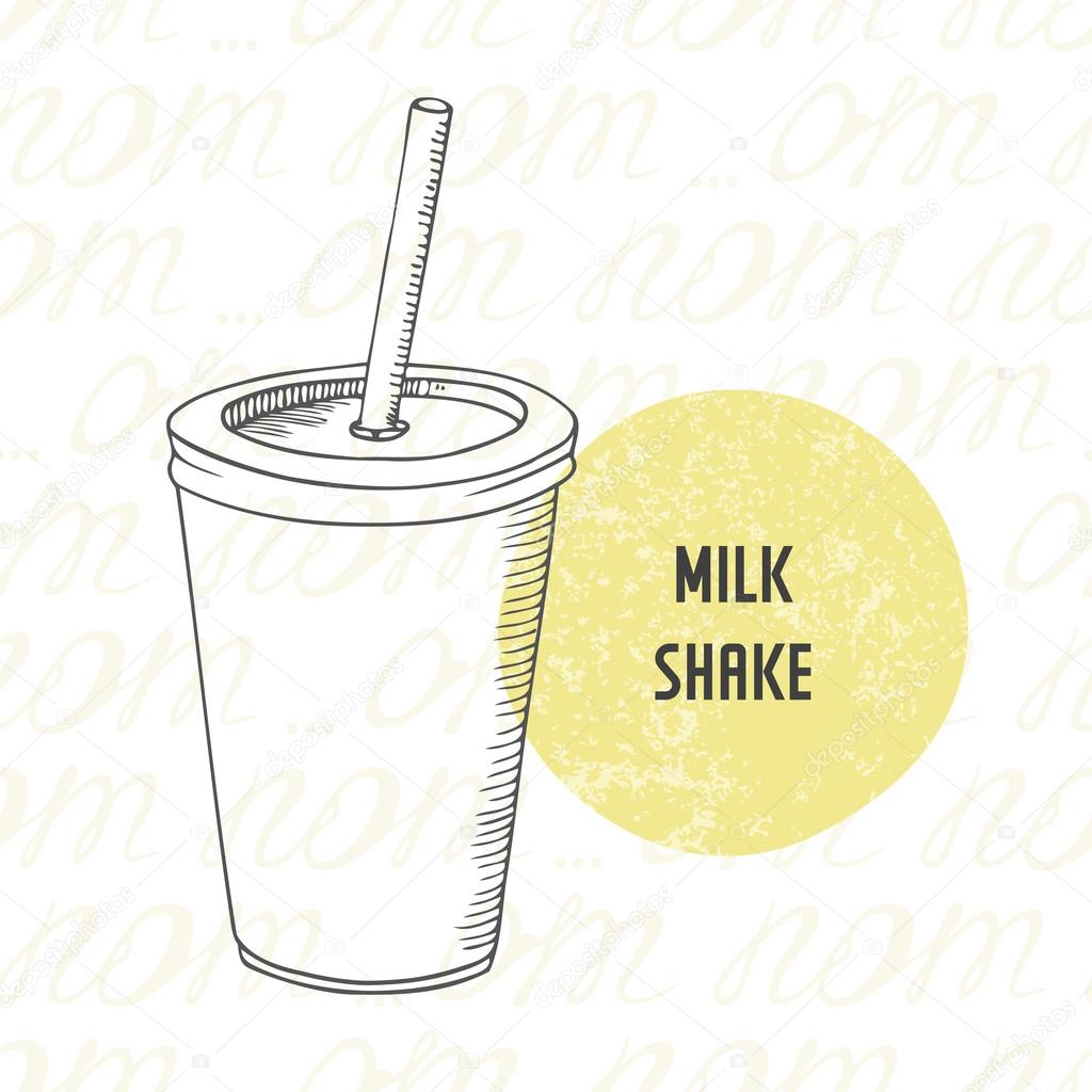 Illustration of hand drawn milk shake in paper cup with stick
