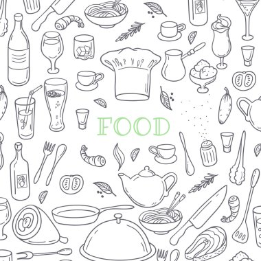 Food and drink outline doodle background. Hand drawn kitchen design elements
