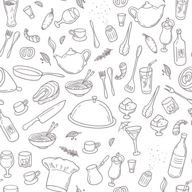Food and drink outline seamless pattern. Hand drawn kitchen background