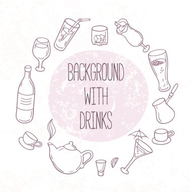 Set of outline drinks in vector. Backgrond with beverages for design