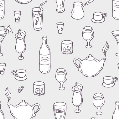 Seamless pattern with stylized doodle drinks in vector. Beverages background for bar, menu or cafe design