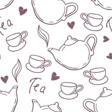 Seamless pattern with hand drawn tea cup and teapot. Outline style background
