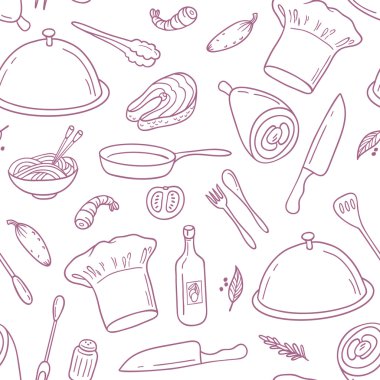 Outline seamless pattern with hand drawn food. Background for cafe or kitchen design