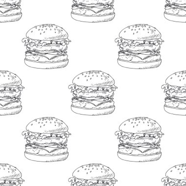 Seamless pattern with sketched burger, cheeseburger or hamburger. Background for fast food restaurant design