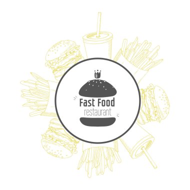 Fast food background and round label with hand drawn burger
