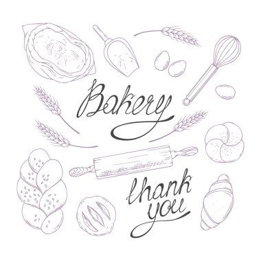 Bakery sketched illustrations in vector. Hand drawn groceries goods collection