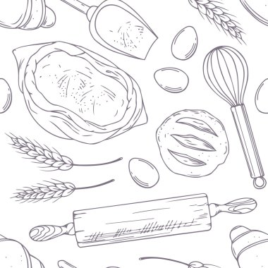 Seamless pattern with hand drawn bakery oblects in vector. Sketched food