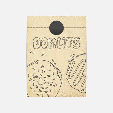 Kraft paper takeaway bag mockup in vector. Sketched illustration with donuts