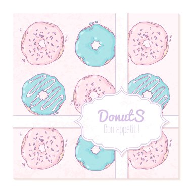 Food delivery box design with hand drawn donuts. Sweet pastry doodle background illustration