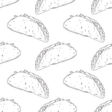 Seamless pattern with hand drawn taco. Background for fast food restaurant, eatery, diner or take away bag design