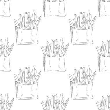 Seamless pattern with hand drawn french fries. Sketched fast food clipart