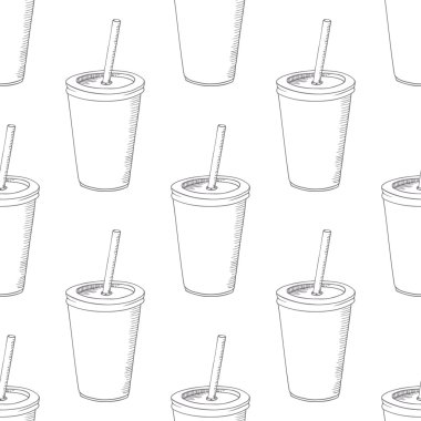 Seamless pattern with hand drawn cup of milk shake. Background for cafe, restaurant, eatery, diner, website or take away bag and drinks design