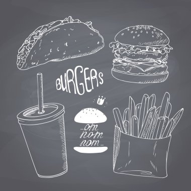 Sketched chalk style fast food set with burger, french fries, taco and paper cup of milk shake. Chalkboard background