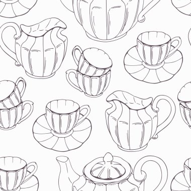Seamless pattern with outline style tea service and leaves