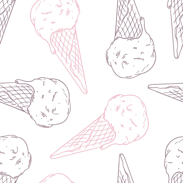 Doodle helado en un cono de gofre. Esquema de patrón sin costuras. Ilustración vectorial — Vector de stock