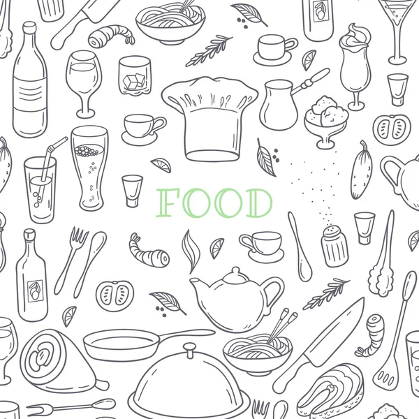 Comida y bebida esbozan doodle fondo. Elementos de diseño de cocina dibujado a mano — Archivo Imágenes Vectoriales