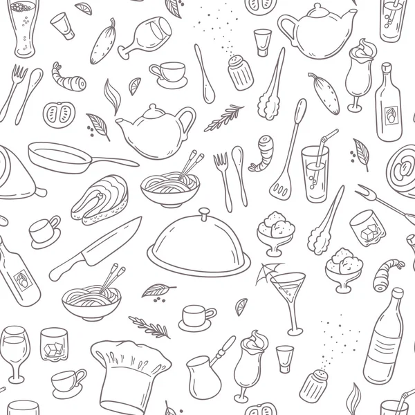 Food and drink outline seamless pattern. Hand drawn kitchen background — Stockový vektor