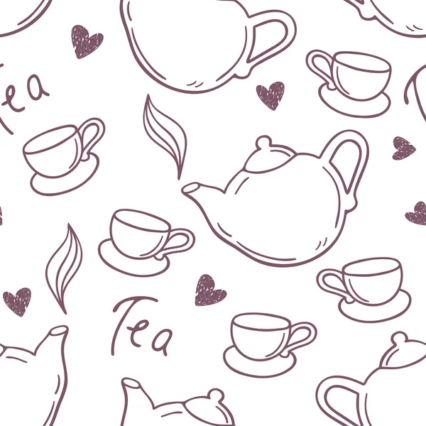 Nahtloses Muster mit handgezogener Teetasse und Teekanne. Umriss Stil Hintergrund — Stockvektor