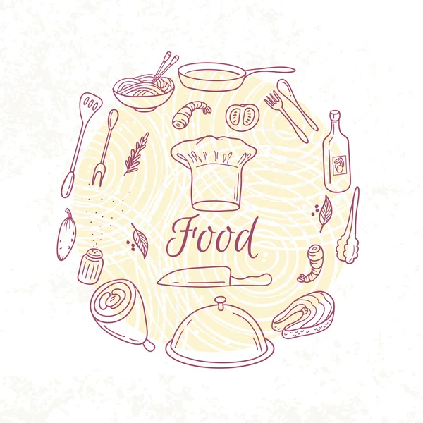 Biglietto rotondo con icone alimentari contorno. Elementi Doodle per il design del menu, caffè, libri. Contesto culinario — Vettoriale Stock