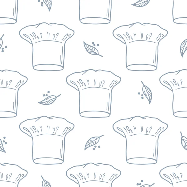 Seamless pattern with hand drawn chef hat. Kitchen background in outline style — 스톡 벡터
