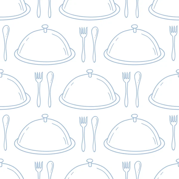 Modèle sans couture avec plat de service dessiné à la main. Fond de cuisine dans le style contour — Image vectorielle