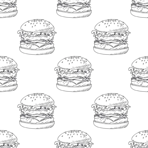 Seamless pattern with sketched burger, cheeseburger or hamburger. Background for fast food restaurant design — Stok Vektör