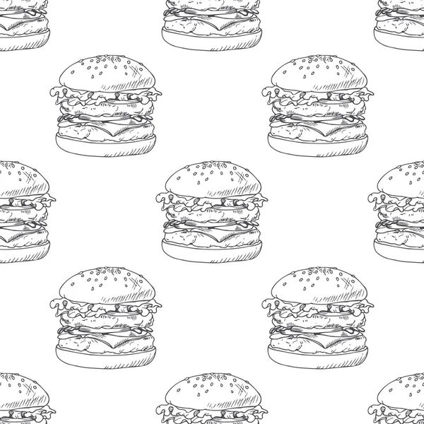 Seamless pattern with sketched burger, cheeseburger or hamburger. Background for fast food restaurant design — Stock vektor