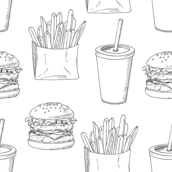 Seamless pattern with sketched burger, french fries and milk shake. Background for fast food restaurant design — 스톡 벡터