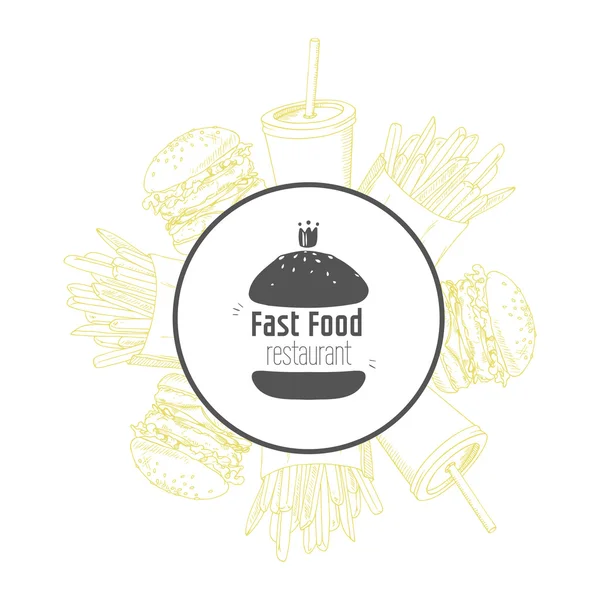 Fast food background and round label with hand drawn burger — Stock Vector