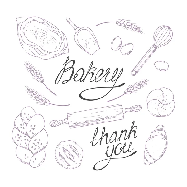 Bakery sketched illustrations in vector. Hand drawn groceries goods collection — Stock vektor