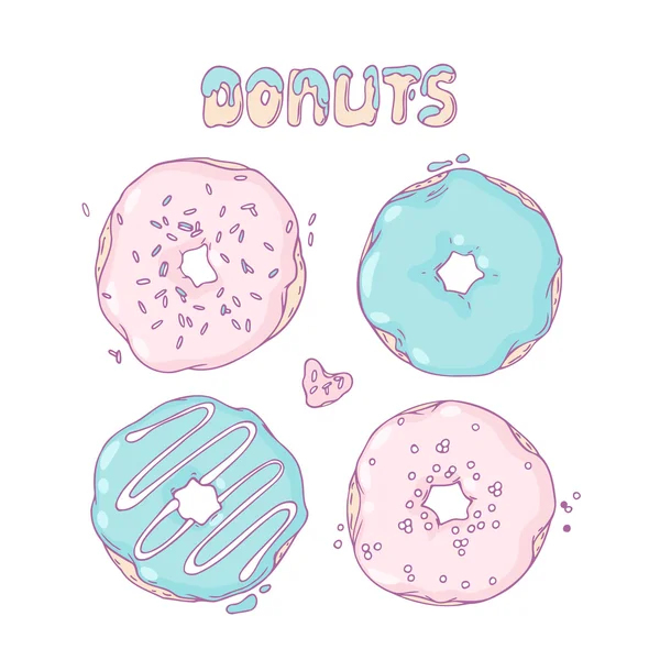 Set of Hand drawn donuts isolated in vector. Sweet lettering. Doodle dessert — Stockový vektor