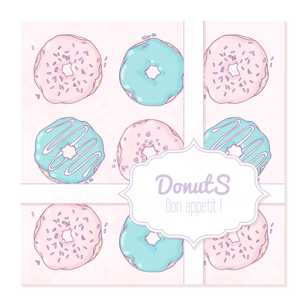 Food delivery box design with hand drawn donuts. Sweet pastry doodle background illustration — Wektor stockowy