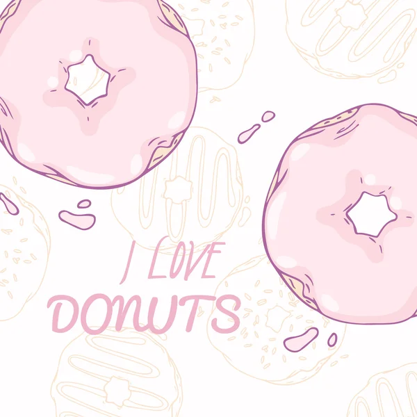 Sweet background with hand drawn donuts. Design for cofee shop, bakery or cafe — Stok Vektör